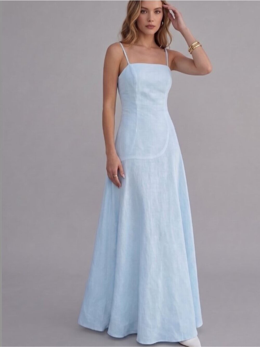 Reformation Style Linen-Blend Strappy Maxi Dress Blue